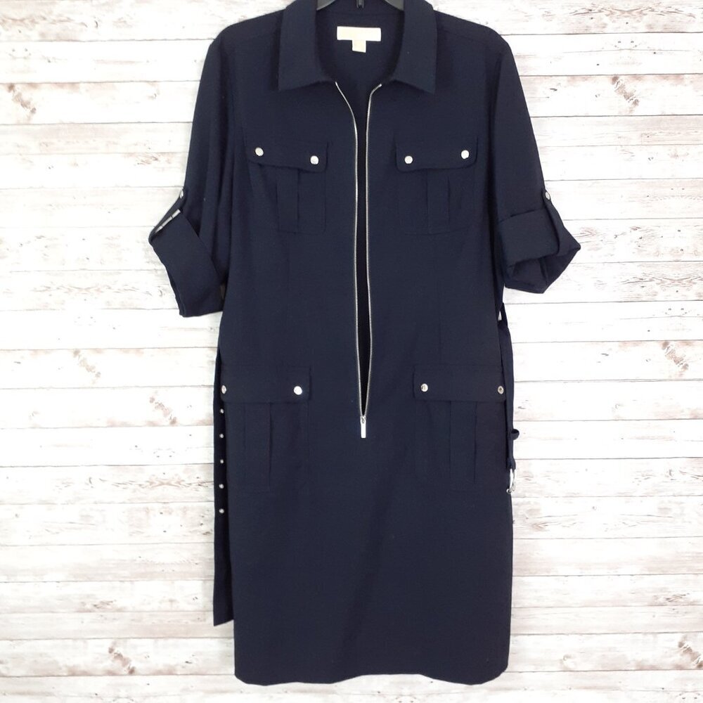 Michael Kors Womens Dress XL Zip Front Belted Short Sleeve Navy 197A - Picture 3 of 7